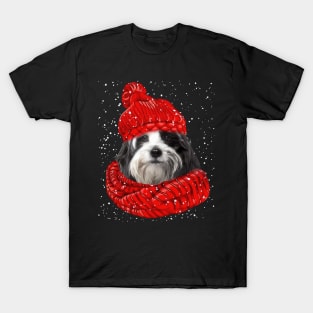 Tibetan Terrier Wearing Red Hat And Scarf Christmas T-Shirt